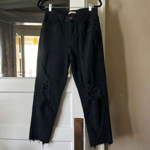 Black denim high rise mom jeans.